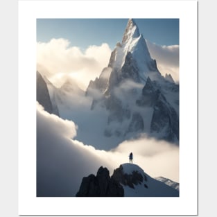 A breathtaking mountain-hiker standing at the summit. Posters and Art